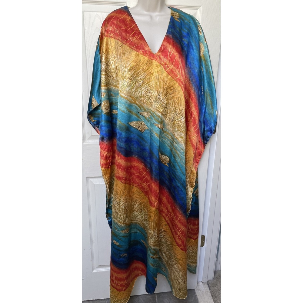 Vtg Winlar Kaftan Mumu Coastal‎ Seashells Boho Festival Beach Coverup Resort